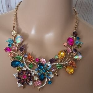 Goldtone Colorful Floral And Vine Statement Necklace